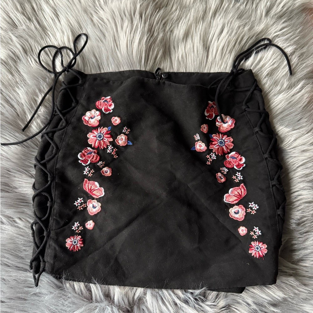 Floral Embroidered Black Skirt